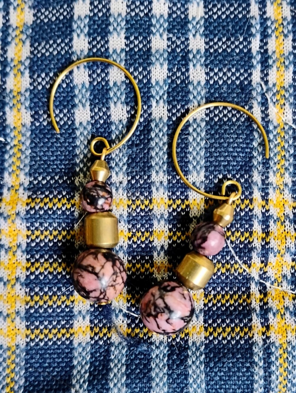 Handmade Spiderweb Rhodonite and Vintage Brass Bead Earrings